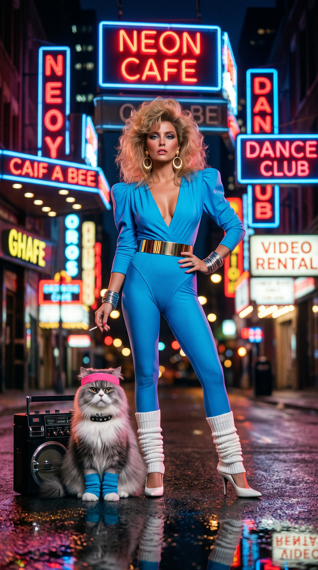 80s stijl - vrouw met kat