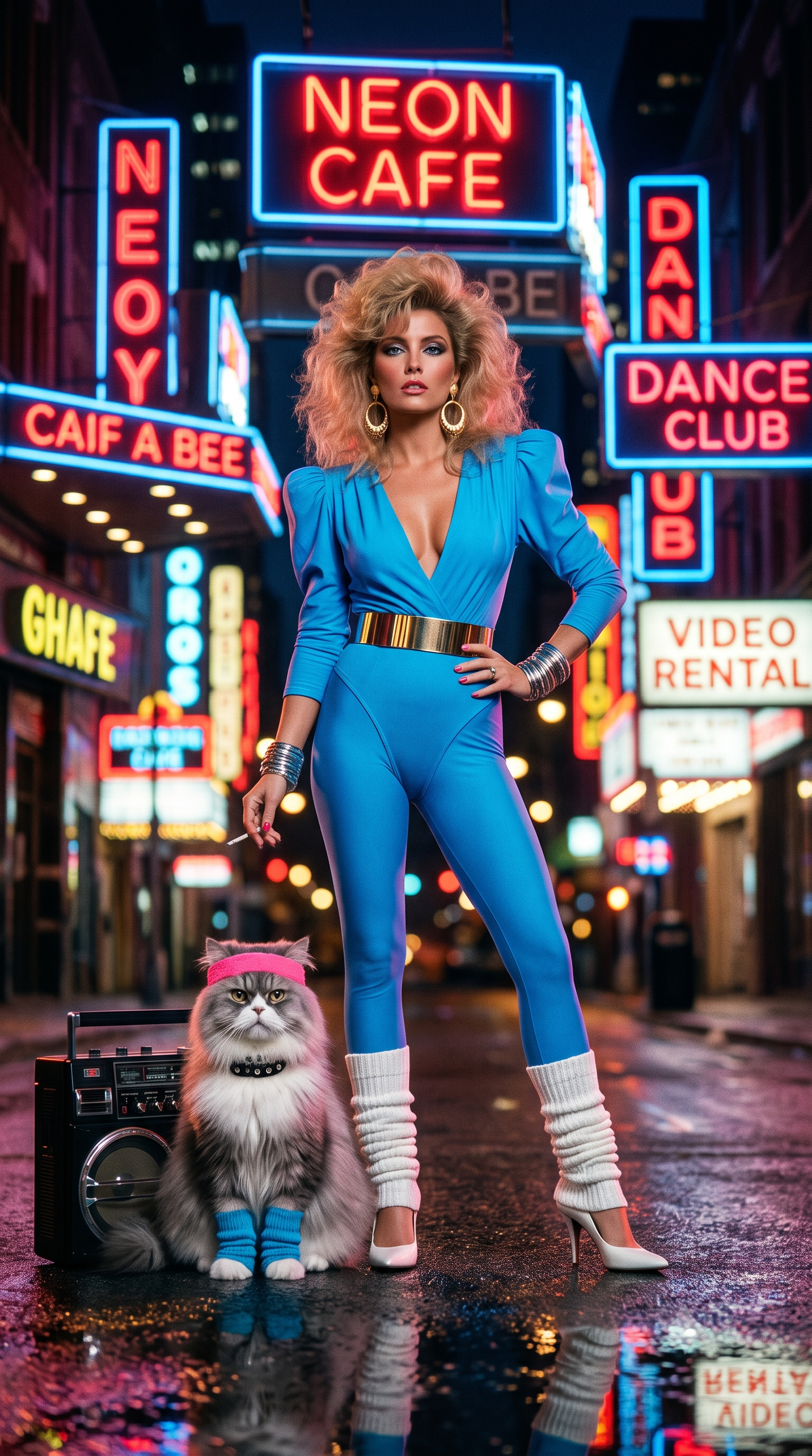 80s stijl - vrouw met kat