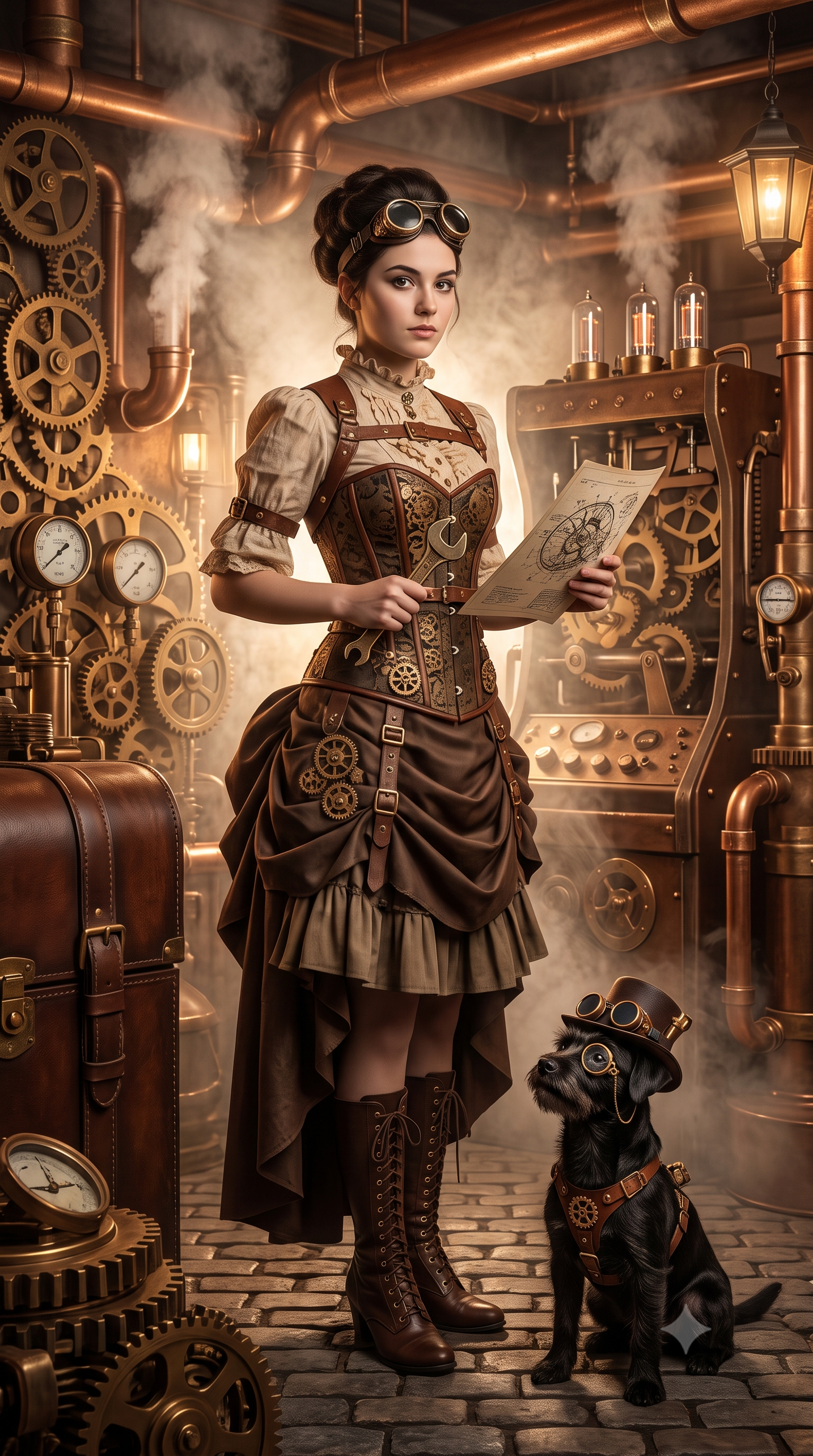 Steampunk stijl - vrouw met hond